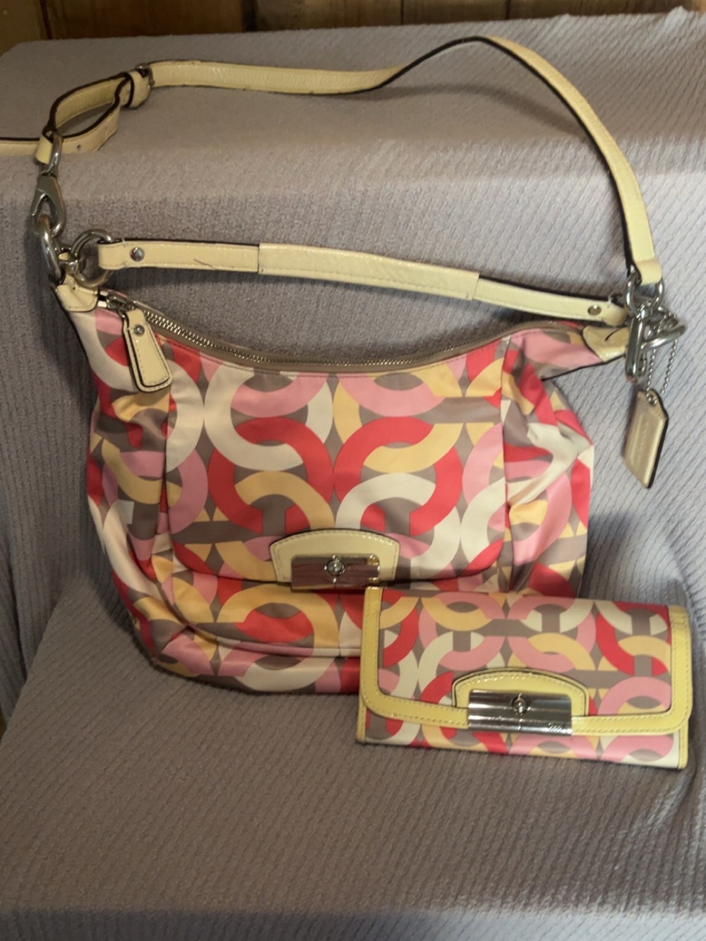 Coach Multicolor Optic C Print Hobo Shoulder Bag & Wallet Set.
